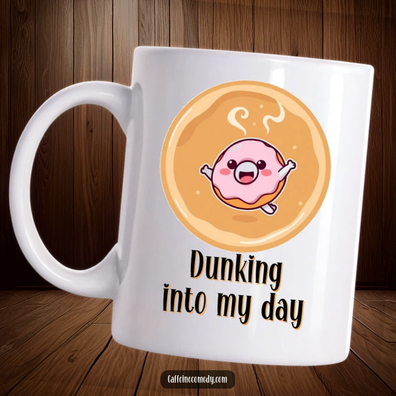 Funny mug with a smiling kawaii donut character leaping into a steaming latte, conveying pure joy and indulgence, a perfect funny gift.