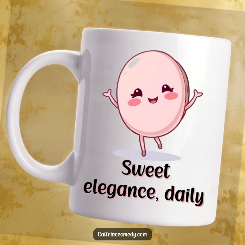 Funny Macaron Mug: A pleased, anthropomorphic macaron character performs a graceful twirl, embodying elegance and sweetness for a delightful beverage holder.