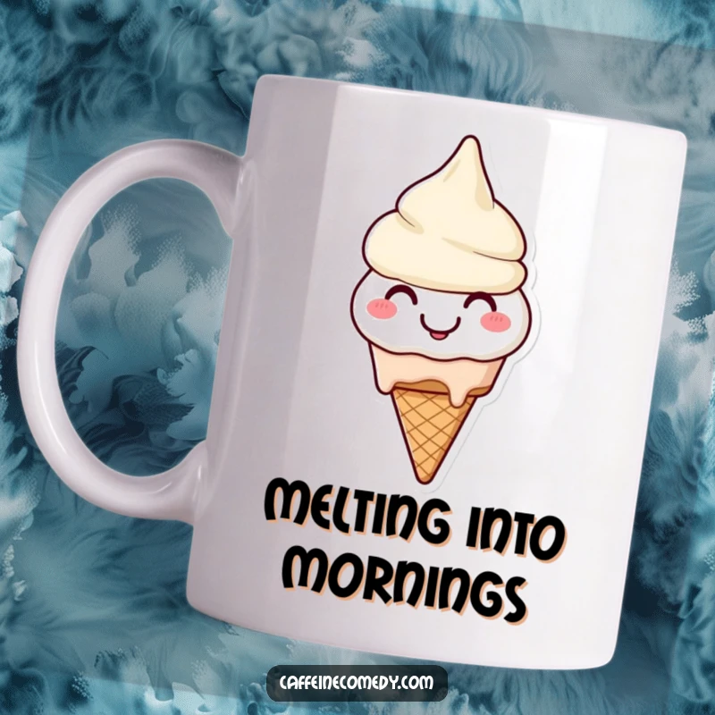 Funny Ice Cream Mug: A smiling ice cream cone character cheerfully melting with a happy expression.