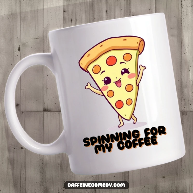 Funny Pizza Mug: A gleeful pizza slice character captured mid-spin with a huge smile, radiating pure joy.