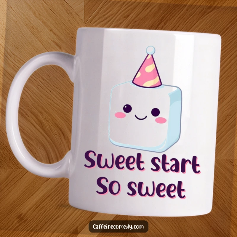 Funny sugar cube wearing a party hat, ready to celebrate, on a mug, bringing joy and humor.