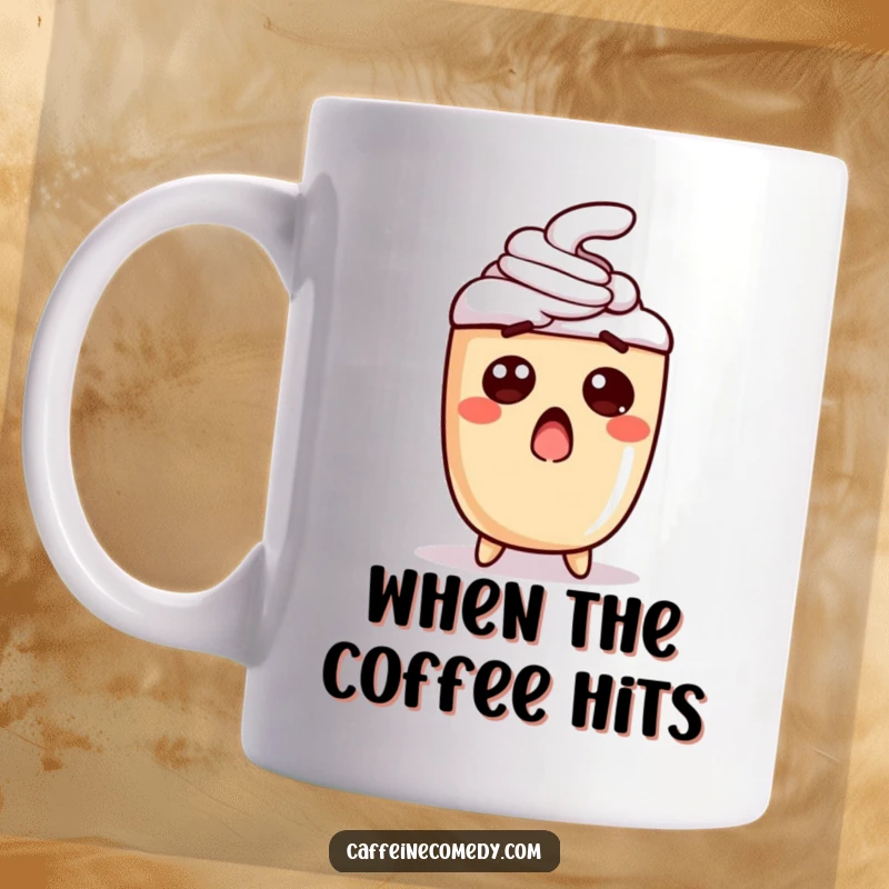 Funny mug featuring a surprised latte character with wide eyes and shocked foam, perfect for coffee lovers who appreciate a humorous start.