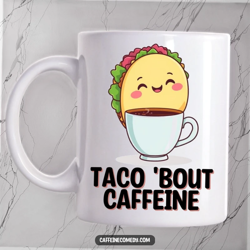 Funny coffee mug featuring a cheerful, smiling taco expertly balancing a steaming cup of coffee, ready to kickstart the day.