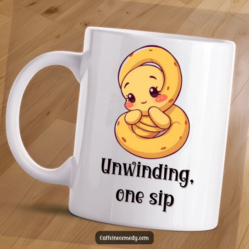 Funny Pretzel Mug: A curious pretzel character in the process of unraveling itself, looking thoughtful.