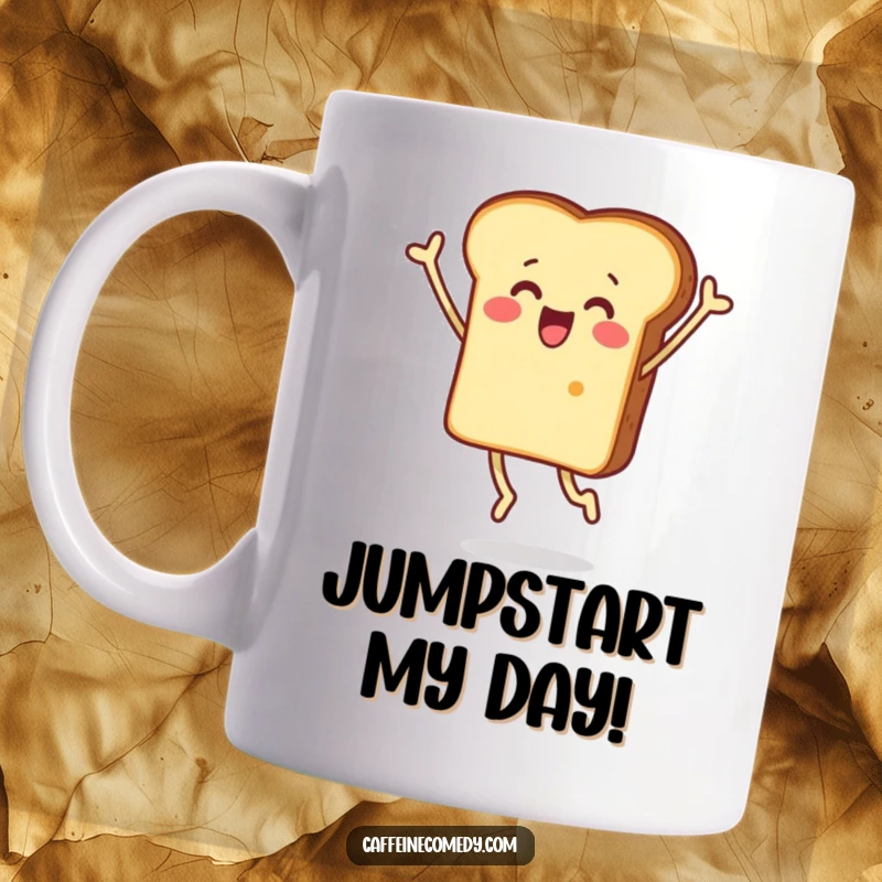Funny mug with a surprised piece of toast character leaping high in the air, expressing shock and pure delight.