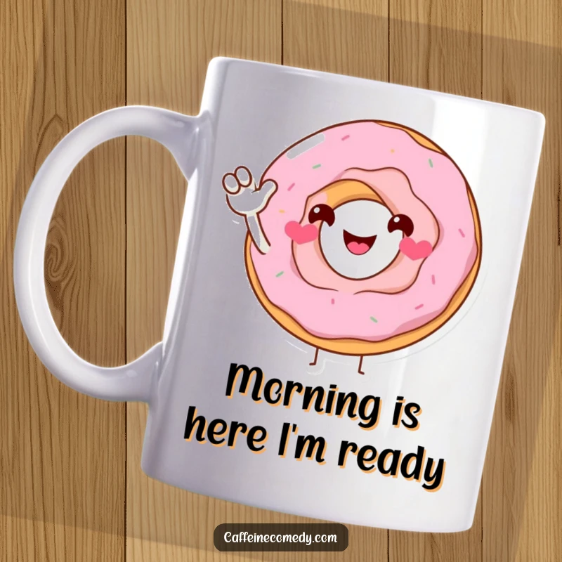 Funny Donut Mug: A smiling, anthropomorphic donut character cheerfully offers a sugary wave, embodying sweet and friendly vibes for a delightful gift.