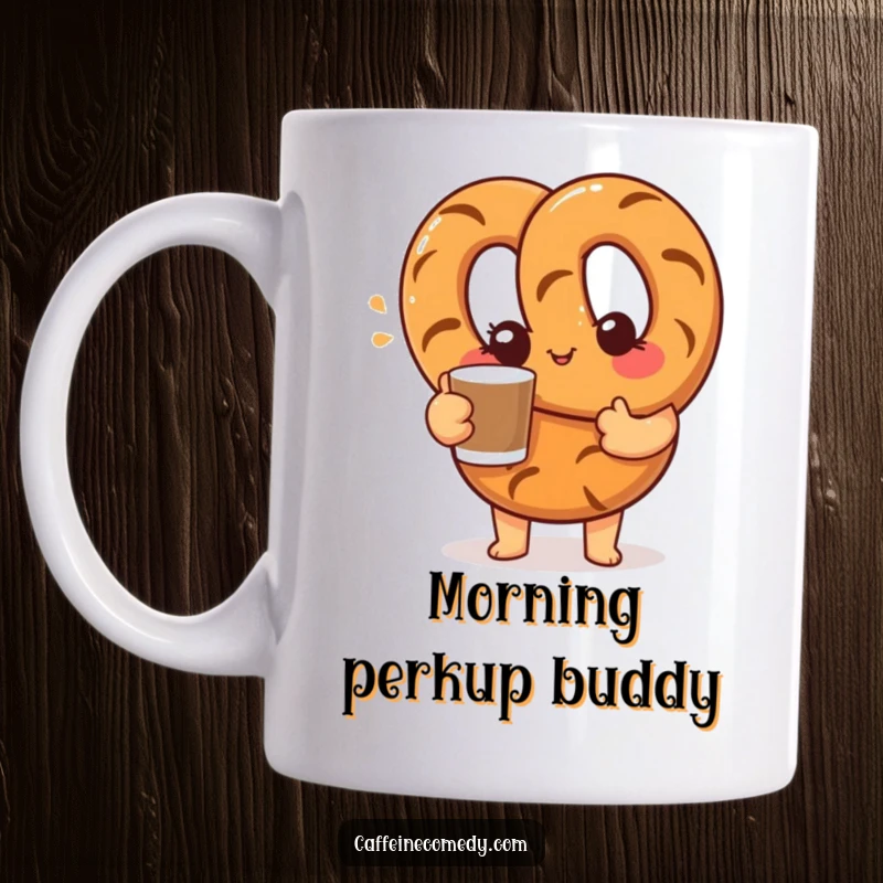 Funny coffee mug featuring a curious pretzel character winking and offering a coffee cup, perfect for a friendly and humorous start.