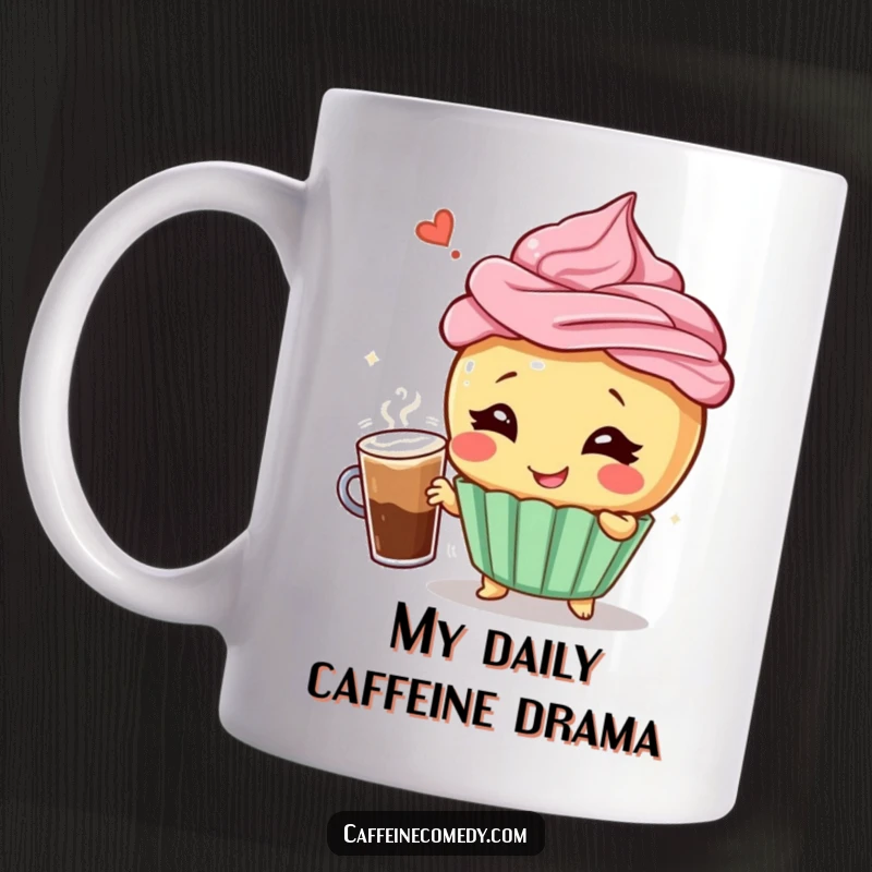 Funny coffee mug featuring a giggling cupcake character in a dramatic pose, holding a frothy coffee cup, exuding pure joy and humor.