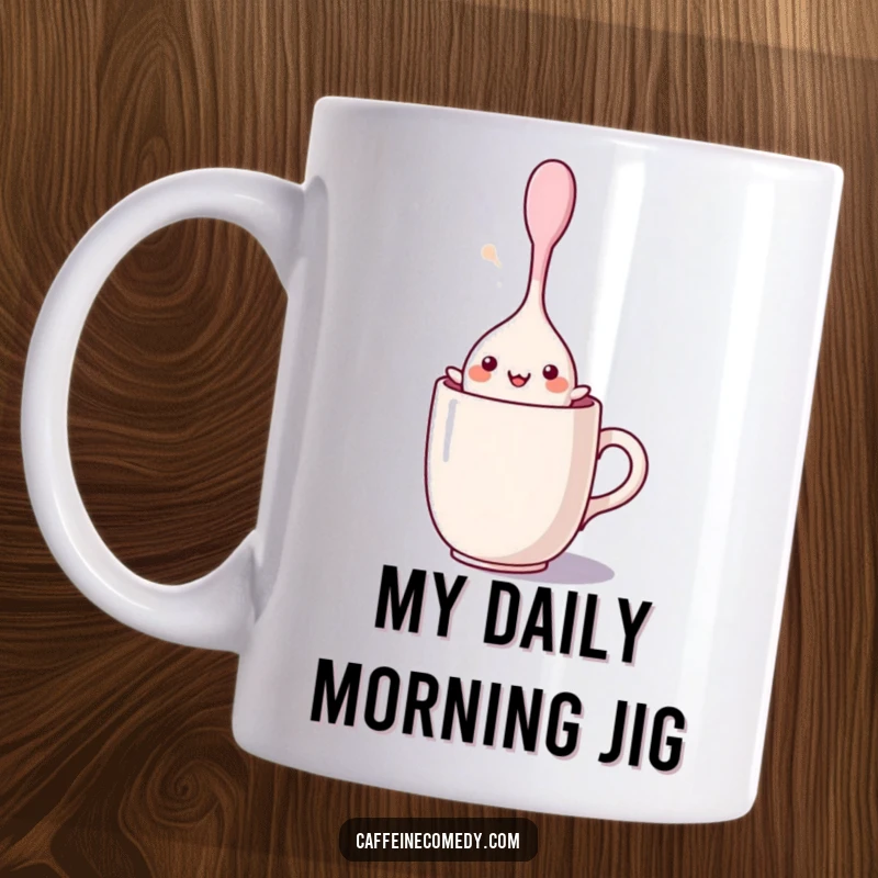 Funny kawaii stirring spoon character happily dancing inside a ceramic mug, bringing a cheerful and playful vibe to your kitchen.
