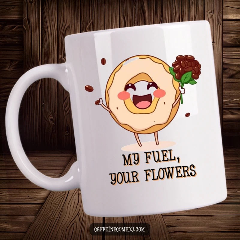 Funny donut hole character joyfully presenting a charming bouquet of coffee beans, perfect for coffee lovers.