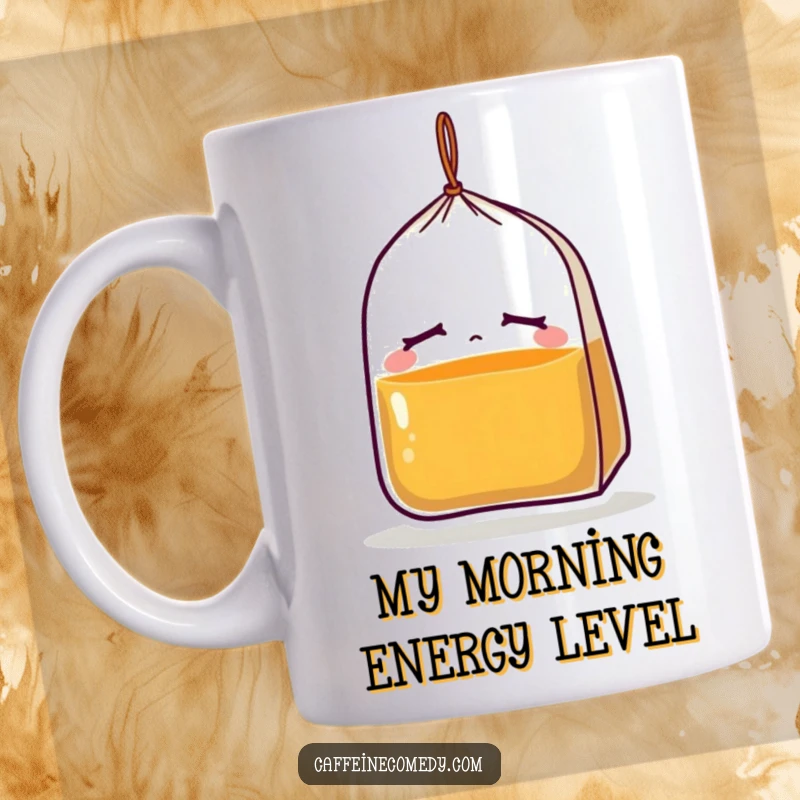 Funny mug with a drooping, sleepy tea bag character, embodying tiredness and the need for a break, perfect for tea time.