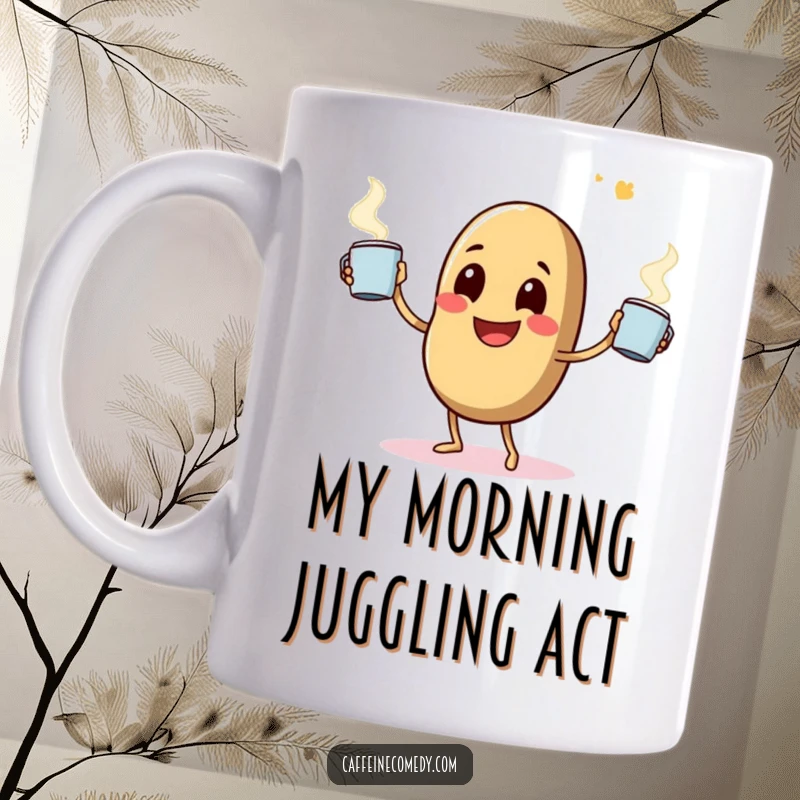 Funny mug featuring a happy coffee bean character comically juggling multiple steaming mugs, embodying caffeine-fueled energy.