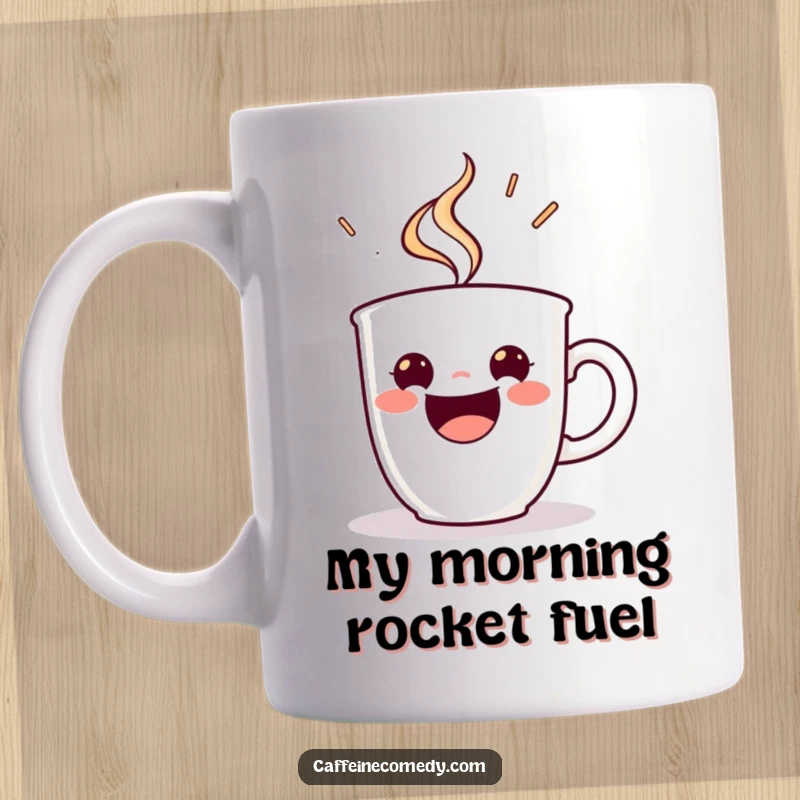 Funny mug featuring a beaming espresso cup character steaming with energetic delight, spreading joy and caffeine vibes.