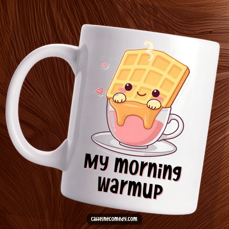 Funny kawaii waffle character happily draped over a steaming coffee or tea mug.