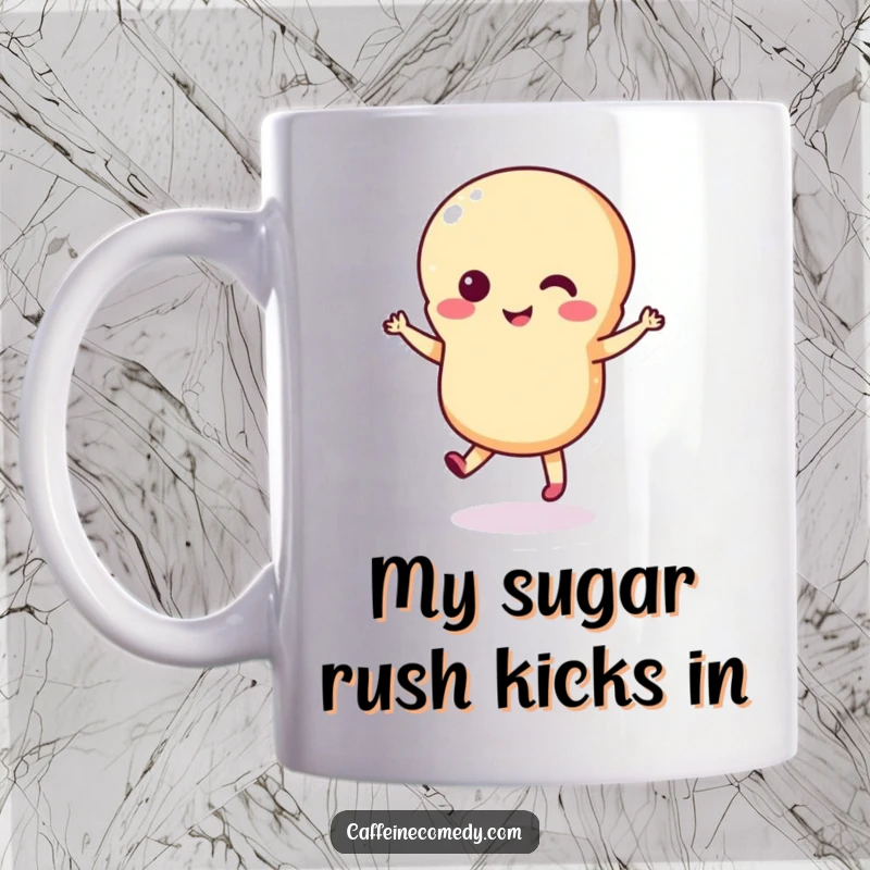 Funny macaron mug featuring a cute, playful macaron character doing a joyful little dance, spreading happiness and edible art vibes.