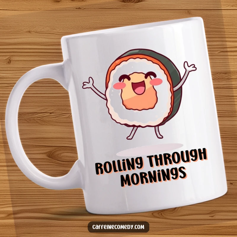 Funny coffee mug featuring a happy sushi roll with legs enthusiastically dancing, spreading joy and delicious vibes.