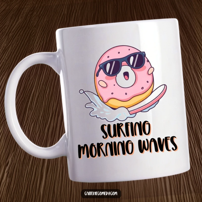 Funny mug illustration of a surprised donut in tiny sunglasses surfing a milk wave, perfect for breakfast lovers.