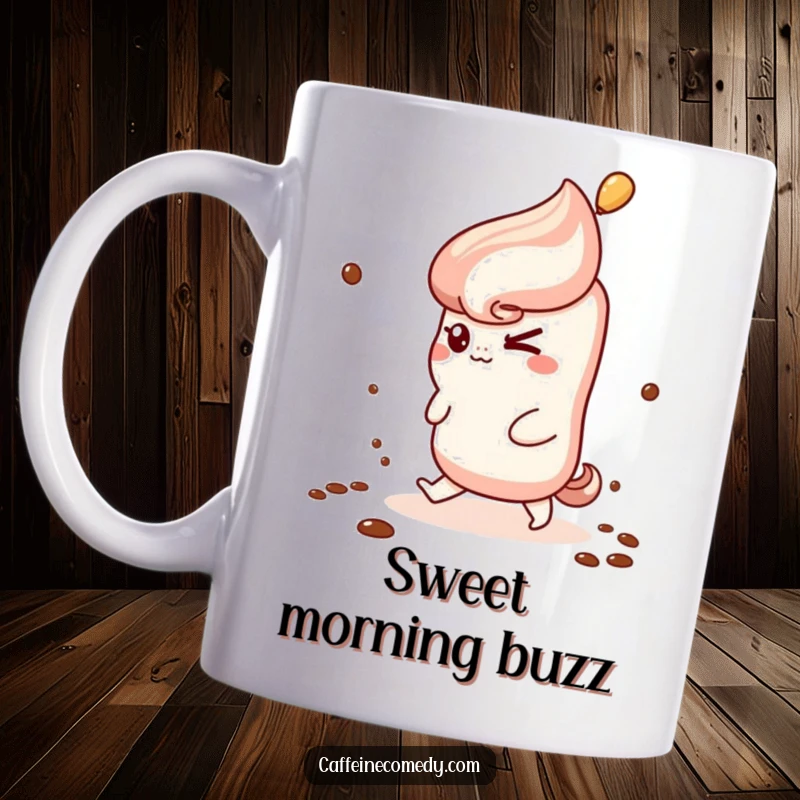 Funny Kawaii Churro Mug: A cute churro winks mischievously while climbing a stream of coffee steam, a truly funny scene.