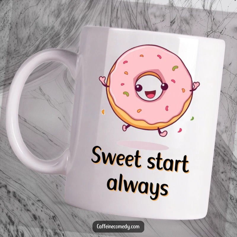Funny mug with a playful donut character happily spinning in circles, embodying pure, sweet delight and fun.