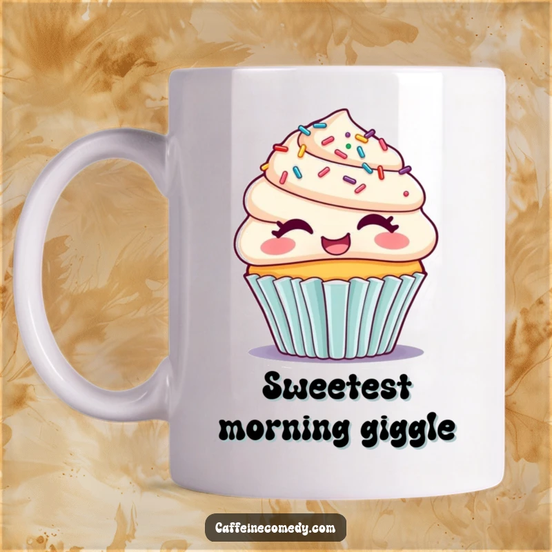 Funny coffee mug featuring a happy cupcake with sprinkles for hair, giggling with delight and spreading sweet cheer.