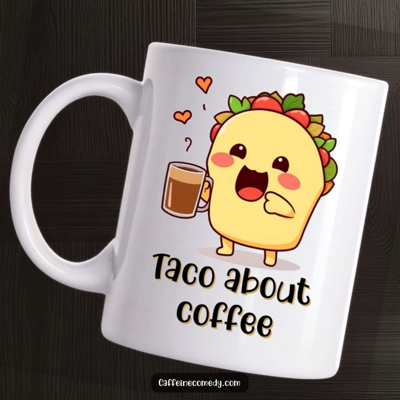 Funny cute taco character enthusiastically toasting a coffee mug, celebrating morning coffee with Mexican flair.
