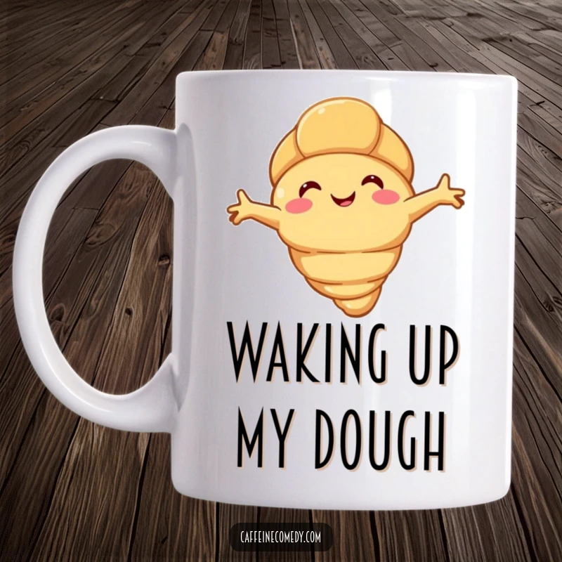 Funny happy croissant character stretching its flaky arms wide, on a ceramic mug, bringing cozy morning humor.