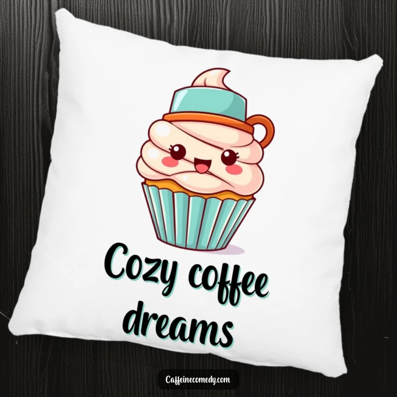 Funny Kawaii cupcake character wearing a coffee mug hat, soft and huggable pillow design.