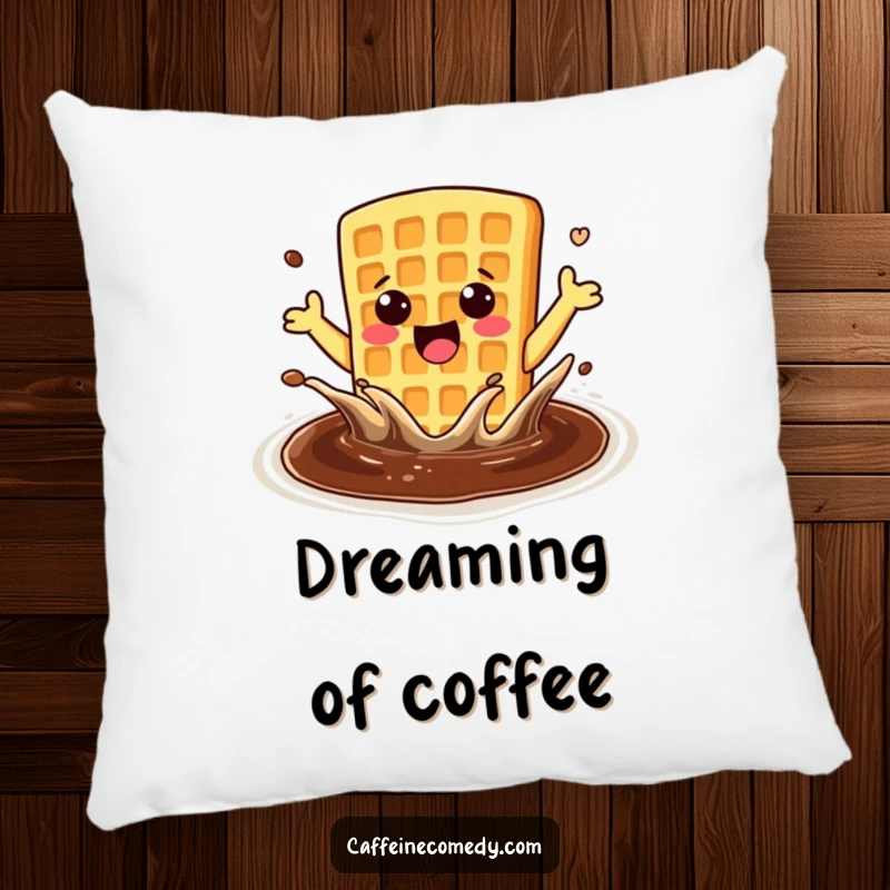 Funny enthusiastic kawaii waffle excitedly splashing in coffee, printed on a soft, comfortable pillow.