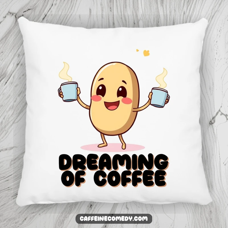 Funny pillow showcasing a happy coffee bean character comically juggling steaming mugs, adding a touch of coffee-themed fun.