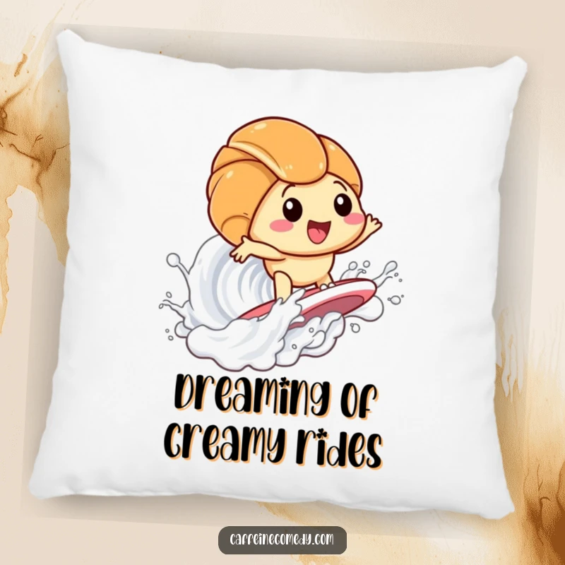 Funny Kawaii Croissant Surfing Milk Pillow: Soft decorative pillow with a cute croissant riding a milk wave, offering comfort and humor. A unique funny gift.