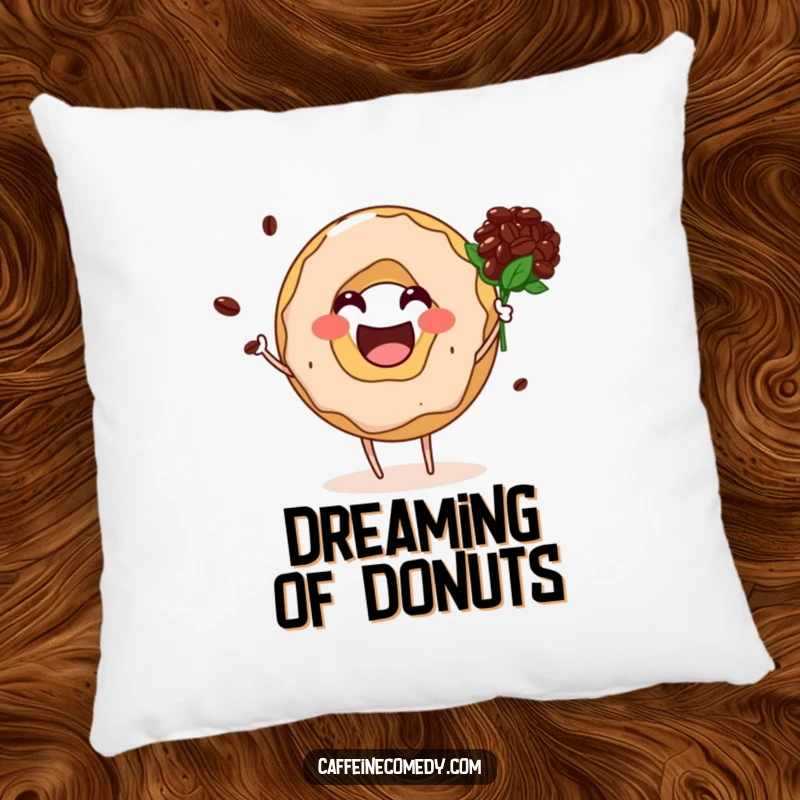 Funny donut hole character lovingly offering a bouquet of coffee beans, soft and huggable decor.