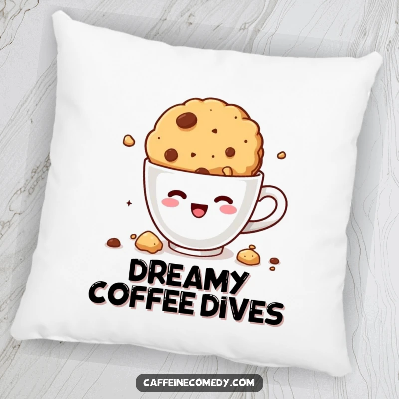 Funny kawaii cookie diving into coffee, soft pillow, cozy decoration, crumbly and humorous accent, cute dessert character.
