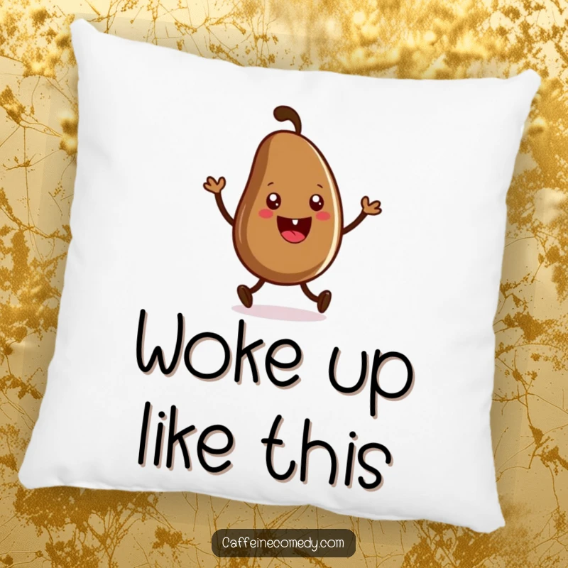 Funny pillow featuring a grinning coffee bean character performing a cheerful jig. Soft, comfortable, and full of caffeinated joy.