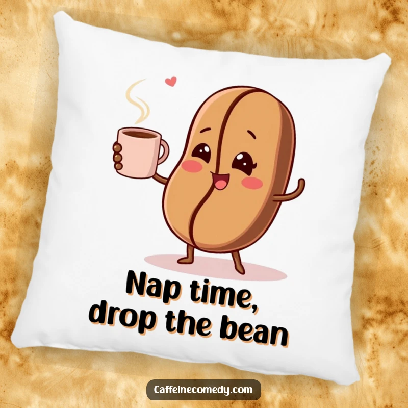 Funny pillow design of a winking coffee bean juggling a steaming coffee mug, providing comfort and laughter.