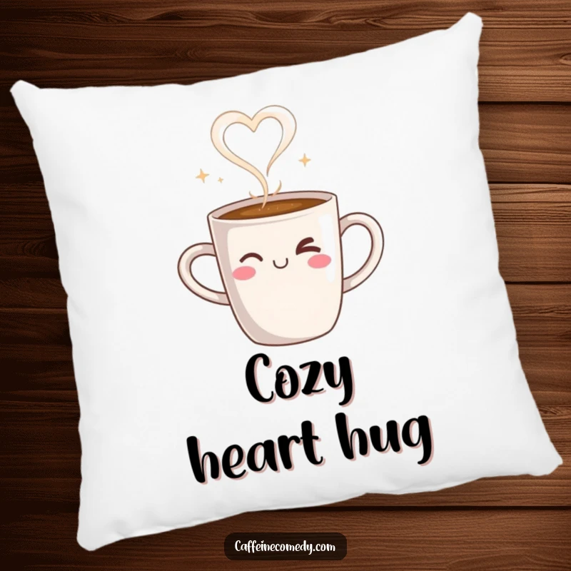 Funny pillow featuring a steaming coffee mug character winking, with steam forming a heart, adding comfort and warm ambiance.