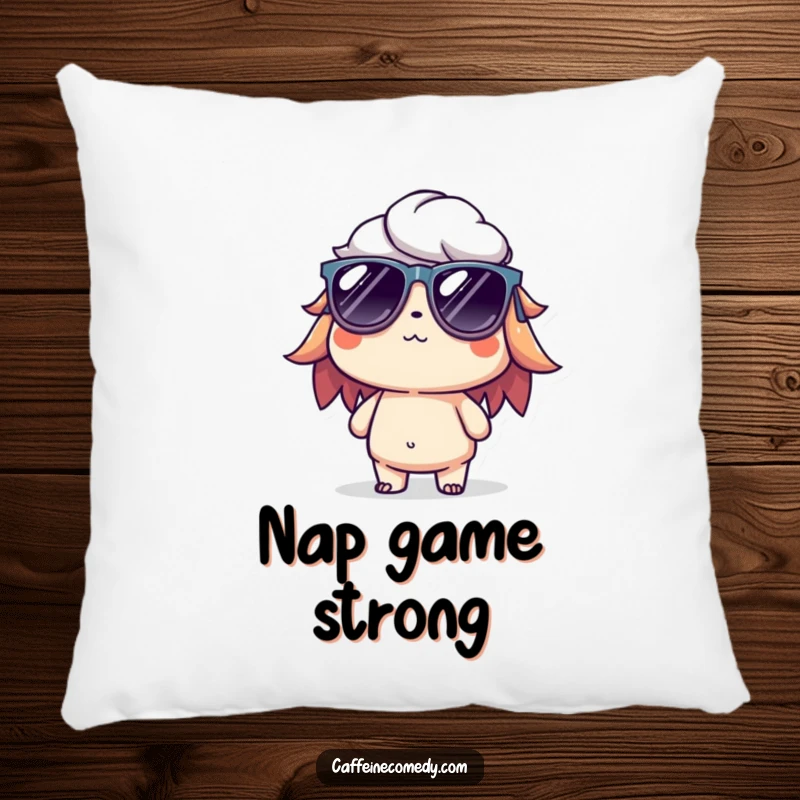 Funny pillow featuring a cool cold brew character, wearing tiny sunglasses and exuding a perfectly relaxed and chill demeanor.