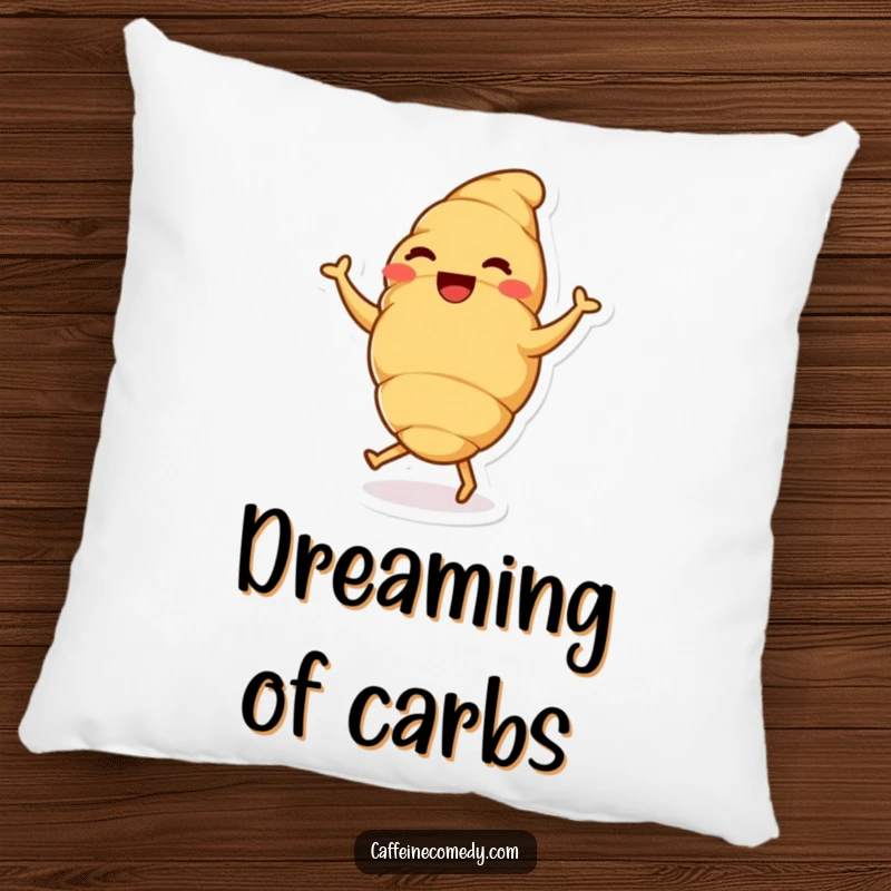 A delighted croissant character doing a happy dance, featured on a soft pillow for cozy, sweet humor.