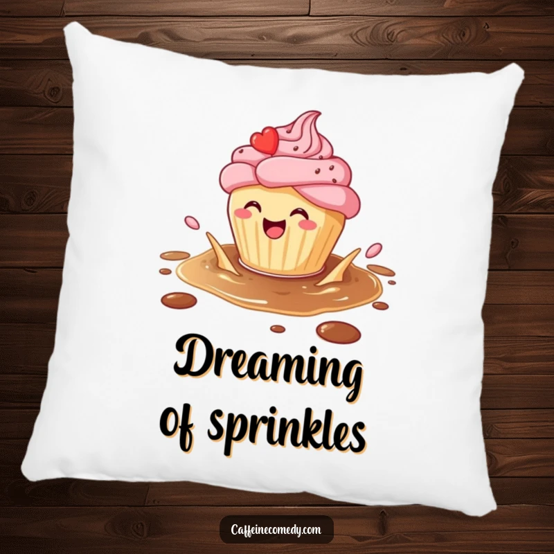 Funny Cupcake Pillow: A cupcake splashing in coffee offers sweet comfort and playful vibes, ideal as a funny gift.