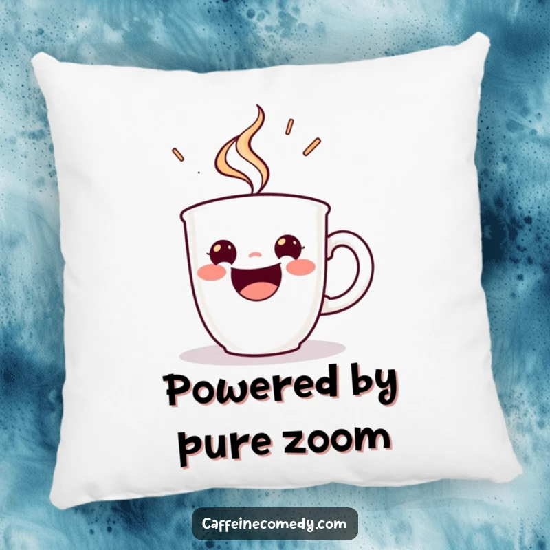 Funny pillow featuring a beaming espresso cup character steaming with energetic delight, offering comfort and a cheerful, coffee-infused vibe.