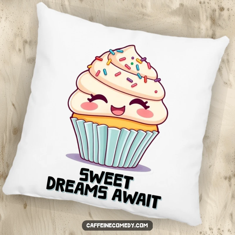 Funny pillow with a giggling cupcake and sprinkle hair, providing comfort and a delightful dose of sugary fun.