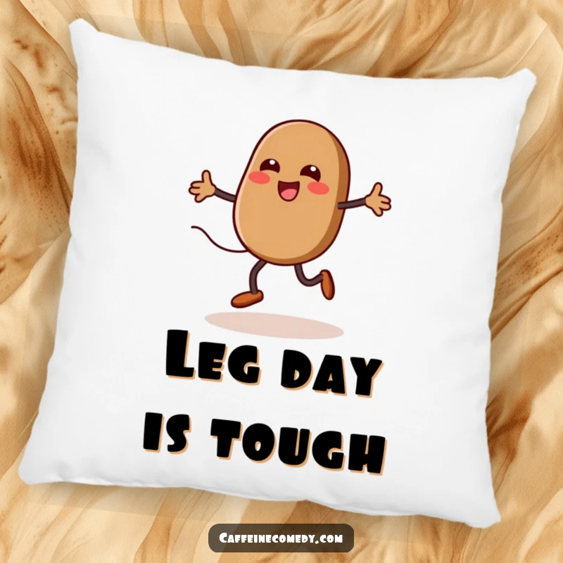 Funny kawaii coffee bean jumping rope, soft pillow, cozy decor, humorous accent, cheerful coffee bean character.