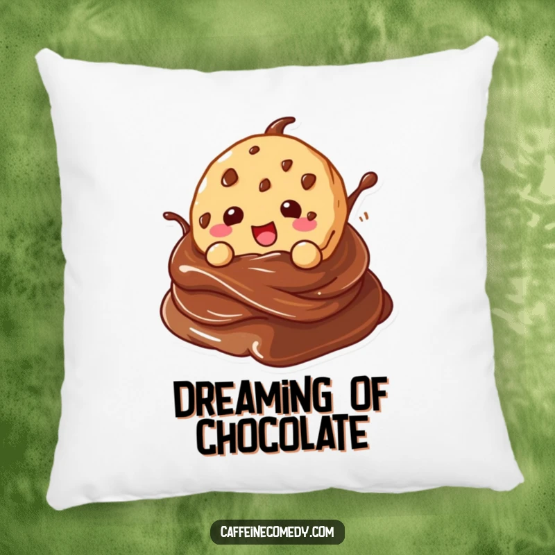 Funny kawaii cookie character gleefully diving into a chocolate swirl, on a soft decorative pillow.