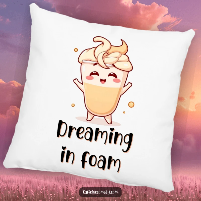 Funny pillow featuring a giggling latte character in a fancy swirl motion, offering cozy comfort and a cheerful presence.