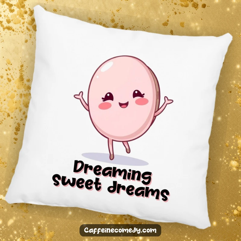 Funny Macaron Pillow: A soft pillow showcasing a pleased macaron character performing a graceful twirl, offering both comfort and a touch of elegant humor.