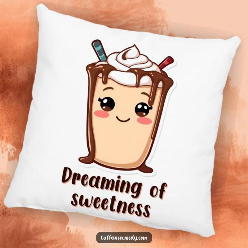 Funny pillow depicting a cheerful mocha character, with chocolate drizzle artfully arranged into a cute smiley face.