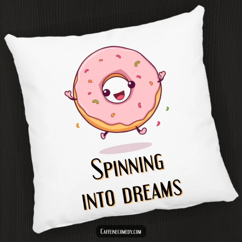 Funny pillow featuring a playful donut character spinning happily, providing comfort and a sweet, cheerful vibe.