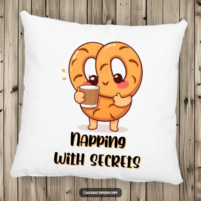 Funny pillow featuring a curious pretzel character offering a coffee cup with a friendly wink, providing plush comfort and humorous appeal.