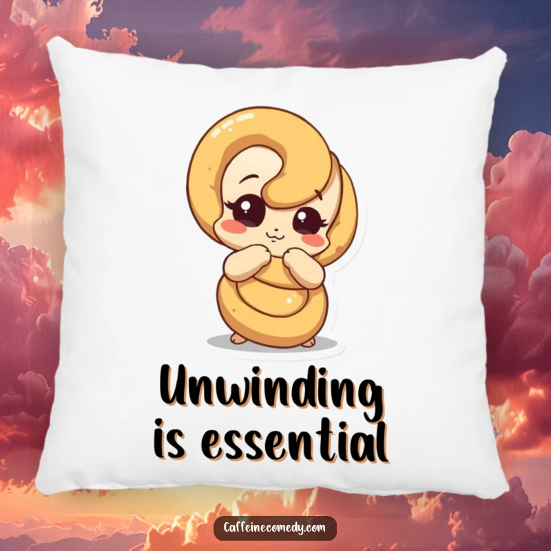 Funny pretzel pillow showcasing a curious pretzel character comically unraveling, offering comfort and a touch of humor.
