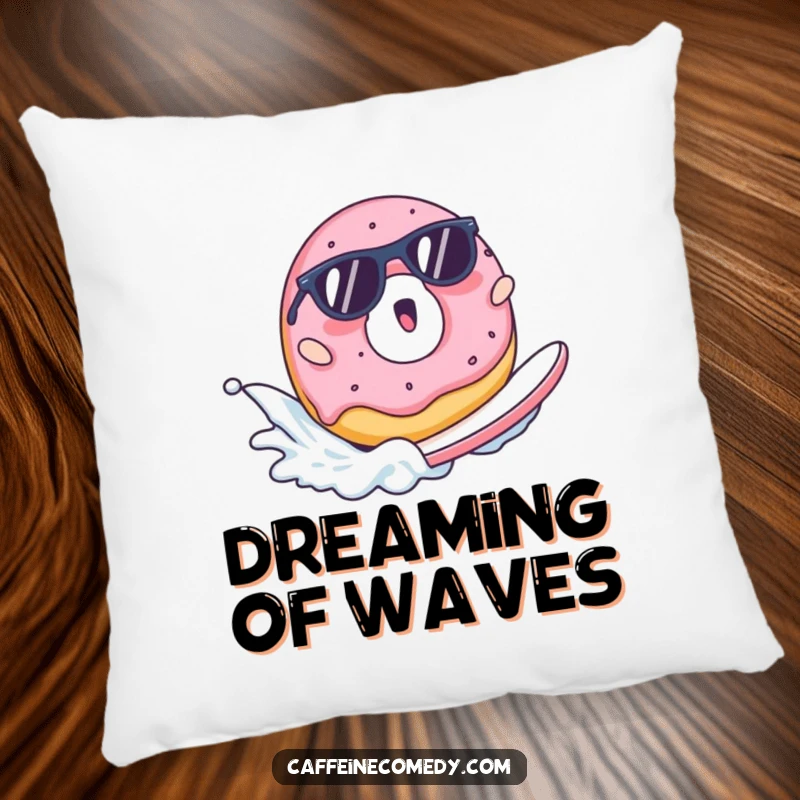 Funny pillow design of a surprised donut in sunglasses surfing a milk wave, perfect for comfort and laughs.