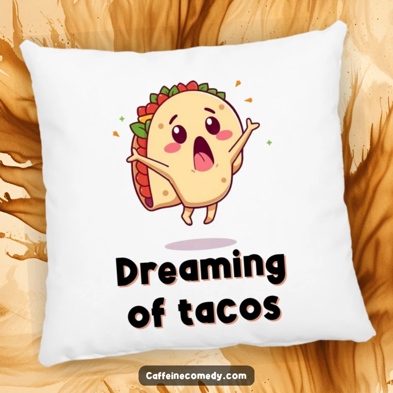 Funny pillow featuring a surprised taco character in a cartwheel, fillings flying. Soft, comfortable, and comically amusing.